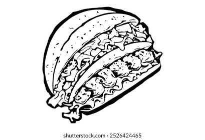 detailed big burger line art style sketch classic vintage design illustration. hand drawn fast food burger