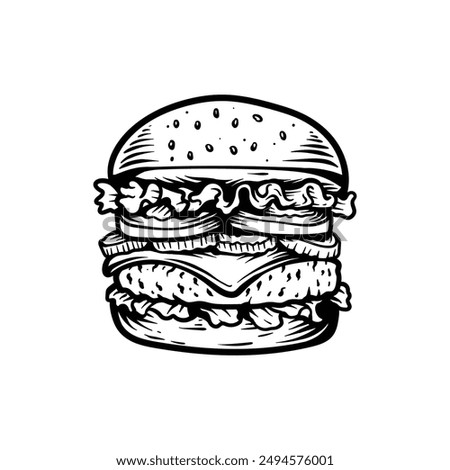 detailed big burger line art style sketch classic vintage design illustration