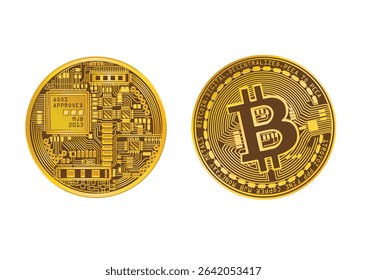 Detailed Bitcoin cryptocurrency coin featuring circuit designs and approval markings, symbolizing digital finance innovation.