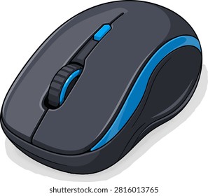 Detailed black blue wireless computer mouse illustration with scroll wheel and ergonomic modern office technology styling for poster sticker editorial and gadget design