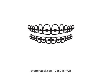 Detailed black braces illustration on teeth. Great for orthodontics visuals, dental care materials, and education.