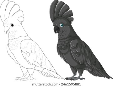 Detailed black cockatoo with outline version