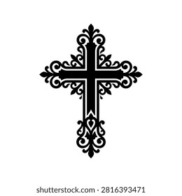 A detailed black cross with intricate scrollwork and decorative elements, symbolizing faith and spirituality.