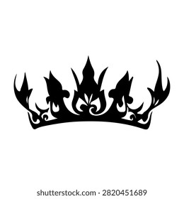 A detailed black crown illustration featuring intricate flames and ornamental elements, suitable for royal, regal, or emblematic themes.