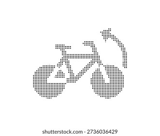 Forma de bicicleta pontilhada preta detalhada em um fundo branco puro, criando uma representação visual simples e limpa