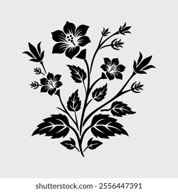 
A detailed black floral design featuring blooming flowers, buds, line art, and leaves on a light gray background.