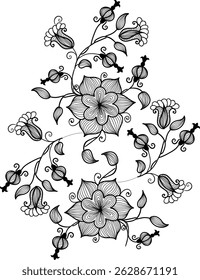 A detailed black floral line art design featuring symmetrical flowers and swirling leaves. Ideal for embroidery motifs, henna templates, tattoos, and ethnic design projects.