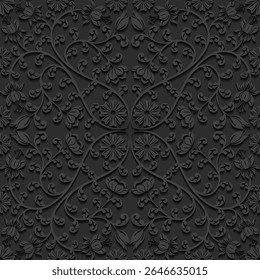 Um padrão floral preto detalhado com vinhas e flores intrincadas, adequado para fundos ou fins decorativos.