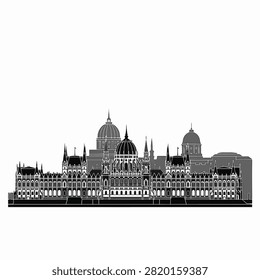 Detailed black and grey vector silhouette of the Budapest city skyline featuring the Hungarian Parliament Building, St. Stephen's Basilica, and Buda Castle on a white background.