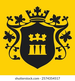 A detailed black heraldic coat of arms featuring a crown, a shield with the number "III", and decorative floral scrollwork, all set against a bright yellow background.