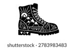 Detailed black hiking boot with white designs and patterns
