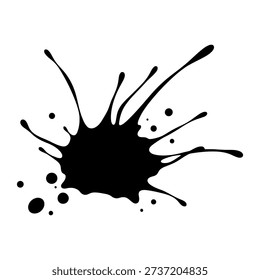 Detailed black ink splatter with dynamic splashes and droplets on a clean white background, creating a striking visual effect