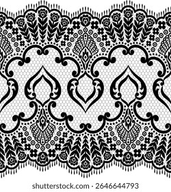 A detailed black lace pattern featuring intricate floral and geometric designs, suitable for textile or graphic applications.