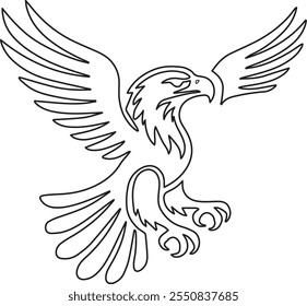 Detailed black line art depicting a proud eagle in mid-flight, showcasing its wingspan and grasping talons. The illustration emphasizes the power and grace of birds of prey in motion.