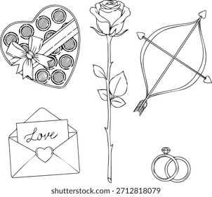 Ilustración vectorial detallada de arte de línea negra con Elementos románticos clásicos y objetos asociados con el Día de San Valentín y afecto profundo. Este Paquete de Diseño gráfico incluye elementos como un corazón