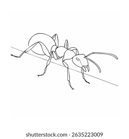 Detailed black line drawing of an ant perched on a thin straight line isolated