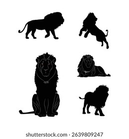 A detailed black lion silhouette set featuring roaring, walking, sitting, and standing poses. Ideal for wildlife designs, safari art, educational use, and jungle animal vector projects.