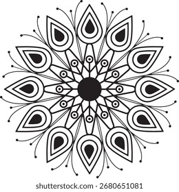Un patrón de mandala negro detallado con Formas de lágrima simétricas y Elementos florales, aislados sobre un fondo blanco limpio.