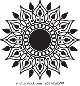 Un detallado patrón de mandala negro con Elementos florales simétricos y un círculo oscuro central, aislado sobre un fondo blanco limpio.