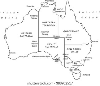 A detailed black outline map of Australia on a white background. Includes states & major cities. Ideal as a teaching or tourism resource.