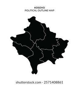 A detailed black outline map of Kosovo displays its political boundaries and administrative divisions. The map highlights geographical areas within the nation clearly.