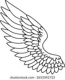 A detailed black outline of a single feathered wing is displayed against a white background. The wing features multiple layers of feathers, creating a sense of depth and movement.
