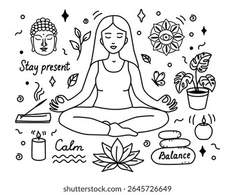 A detailed black outline vector doodle set for meditation and mindfulness. Features a meditating person, Buddha, lotus, and wellness elements. Ideal for spiritual content, health apps, and yoga studio