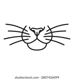 Detailed black outline vector icon of a cat's nose and prominent whiskers, representing a feline pet or wild animal face.