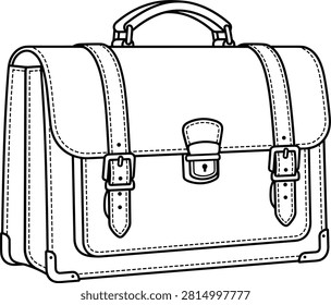 Detailed black outline vector illustration of a classic leather briefcase featuring buckle straps, stitched flap, and top handle. Ideal for business, office, education, professional accessories, corporate branding, travel, websites, presentations, UI design, and print projects. Isolated on a white background.