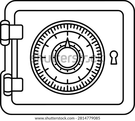 Detailed black outline vector illustration of a secure vault safe featuring a combination lock dial, hinges, and keyhole. Ideal for banking, cybersecurity, financial security, data protection, secure storage, insurance, business, websites, mobile apps, presentations, and infographics. Isolated on a white background.