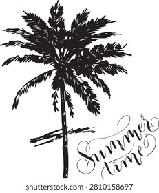 A detailed black palm tree silhouette with a thick trunk and feathery leaves against a white.