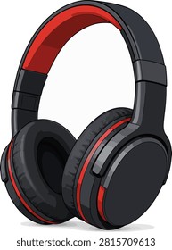 Detailed black red over ear headphones illustration with cushioned earcups and modern wireless audio styling for poster sticker editorial and music gadget design
