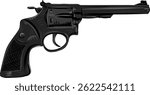 Detailed black revolver handgun vector illustration in side view. Ideal for weapon designs, tactical themes, posters, or infographics. Realistic Vector Illustration of a Black Revolver Handgun