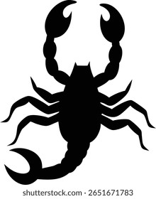 Silhueta de escorpião preto detalhada com garras proeminentes, corpo segmentado, pernas e ferrão ondulado, tudo definido contra um fundo branco brilhante, perfeito para vários projetos de design.