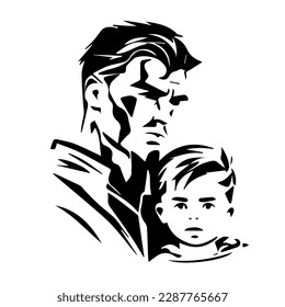 Detailed black silhouette of an adult serious man and child. Print for movie poster or book cover. The concept of saving and protecting children.