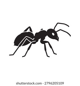 A detailed black silhouette of an ant with subtle shading and textured lines, emphasizing its segmented body, antennae, and legs. The image conveys a sense of movement and naturalism despite its monoc.