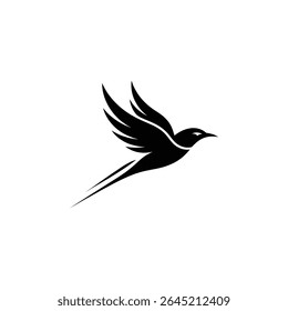Detailed black silhouette of a bird with stylized wings and streamlined tail feathers soaring against a clean white backdrop, offering a modern and minimalist aesthetic.