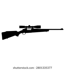 Detailed black silhouette of a bolt action sniper rifle featuring a mounted scope isolated on a clean white background surface
