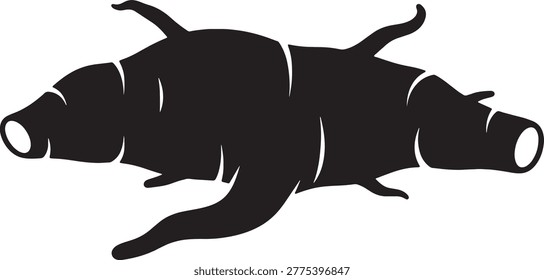 Detailed black silhouette of a cassava root, also known as yuca, showcasing its rough texture and elongated form. Starchy vegetable graphic perfect for food and agriculture themes.