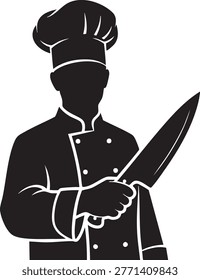 Detailed black silhouette of a chef with kitchen knife and culinary attire.