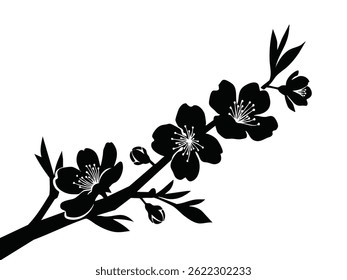 Uma silhueta preta detalhada de um ramo de flor de cerejeira, apresentando flores abertas, botões e folhas. A composição é limpa e artística.
