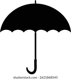 Detailed black silhouette of a classic umbrella, showcasing its curved handle and dome shape against a clean white background. The image captures a simple yet elegant representation.