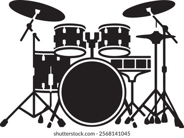 A detailed black silhouette of a complete drum set, featuring bass drum, toms, snare, cymbals, and stands. Ideal for music-themed projects, band posters, concert flyers, or artistic designs.