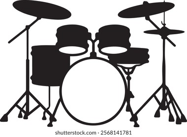 A detailed black silhouette of a complete drum set, featuring bass drum, toms, snare, cymbals, and stands. Ideal for music-themed projects, band posters, concert flyers, or artistic designs.