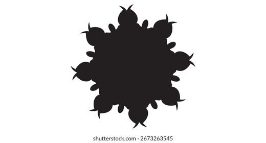 A detailed black silhouette of a complex snowflake, exhibiting a symmetrical fractal design with numerous small, branching protrusions.