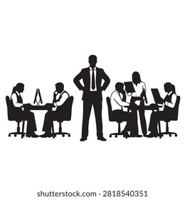 Detailed black silhouette composition showing office scene with multiple employees working at desks using computers and reading documents while manager stands in center. Represents professional teamwork productivity daily business operations corporate culture office atmosphere management and collaboration.