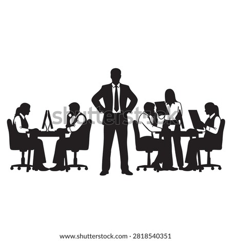 Detailed black silhouette composition showing office scene with multiple employees working at desks using computers and reading documents while manager stands in center. Represents professional teamwork productivity daily business operations corporate culture office atmosphere management and collaboration.