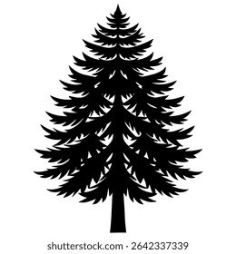 A detailed black silhouette of an evergreen fir tree stands prominently against a crisp white background.