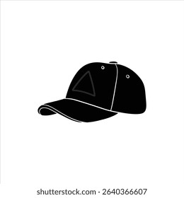 Detailed black silhouette illustration of a cap showing side view with stitching elements. Great for branding templates, icons, or monochrome designs.