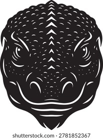 Detailed black silhouette of a lizard head, front view, reptilian eyes, vector illustration.